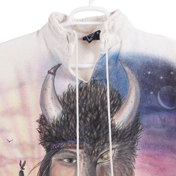 VINTAGE 90s Wek The World Sweatshirt L/XL Beige Native American Bison Graphic - Picture 2 of 12